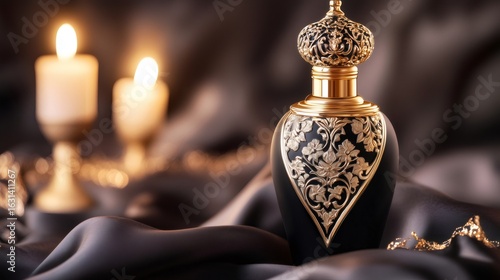 Ornate Arabian perfume bottle resting on black silk with candles glowing in background