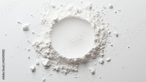 a finely scattered circle of cornstarch powder, with ultra-soft edges blending seamlessly into a pristine white surface the powderâ€™s velvety texture is emphasized by subtle shadows, evoking the