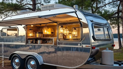 A modern silver camper trailer with illuminated interior parked by a serene lake at sunset