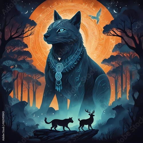 A glowing cat with mystic markings, standing before a giant orange moon in the forest