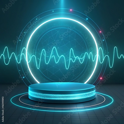 Futuristic neon podium with soundwave and cosmic glow