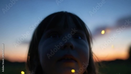 Child’s Face Glowing in Awe at Fireflies at Dusk