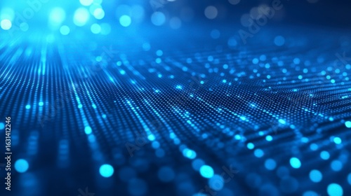 Abstract blue digital data flow background with glowing particles.