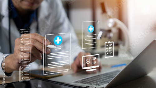 Online medical checklist and documentation system in use by doctor Modern Healthcare Management & Telemedicine Concept