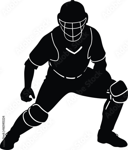 black silhouette a baseball catcher in crouch on w.eps