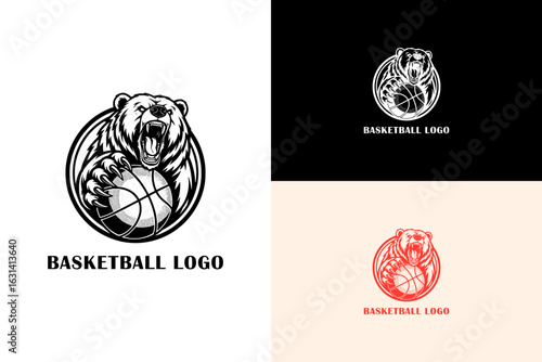 vector illustration of roaring grizzly bear gripping a basketball with claw, logo for basketball team badge, athletic, basketball tournament, basketball team badge, and more