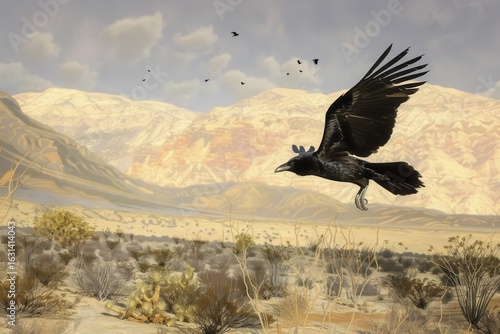 Raven s Journey Majestic Bird Soaring Above Arid Desert Landscape Wildlife Nature Flight Freedom Desert Scenery Open