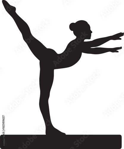 "HD Vector Silhouette of Female Gymnast in Arabesque on Beam – Elegant Balance Pose Clipart"