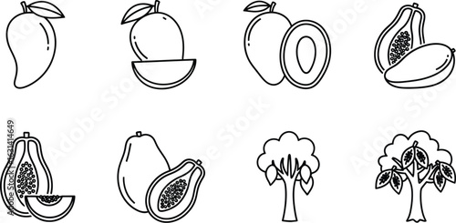 Collection of mangoes and papayas in outline style, including whole and sliced fruits, as well as mango and papaya trees