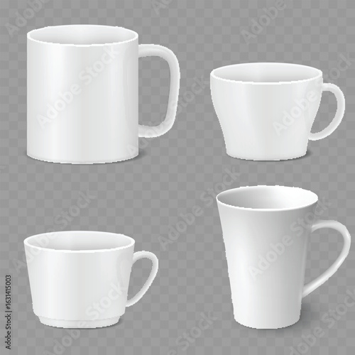 Set of Realistic White Ceramic Coffee Mugs Mockup. Drinkware Collection. Vector