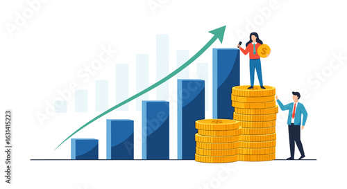 Business growth and financial success with rising stock market profits and investment gains leading to wealth accumulation for investors achieving financial freedom