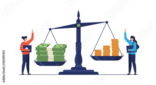 Balancing financial equality two people holding books observe scales weighing money stacks and coin piles