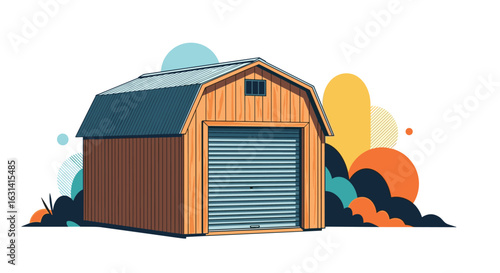Compact gambrel roof storage shed with roll up door for outdoor utility and equipment storage solutions