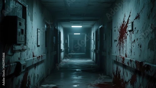 Creepy, dimly lit hallway with bloodstains and eerie atmosphere