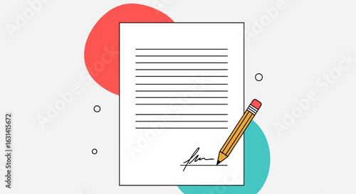 Signing a document with a pencil on paper with signature and red and blue circles in the background