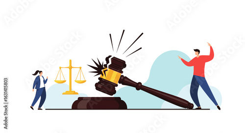 Legal justice system broken gavel symbolizing unfairness between two disputed parties