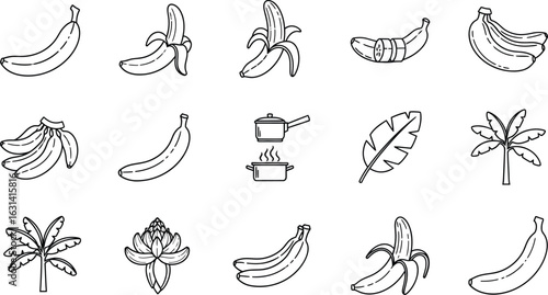 A delightful collection of handdrawn banana icons, , showcasing freshness and variety of natures bounty, perfect for adding a touch of organic charm
