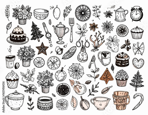 Hand drawn elements of Christmas decorations and treats, Hand drawn elements of sweets, cakes, and festive desserts,Hand drawn elements of herbs, spices, and natural ingredients