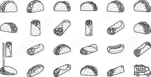 Illustration of various tacos and burritos, showcasing diversity of mexican cuisine with a focus fresh ingredients and flavorful combinations