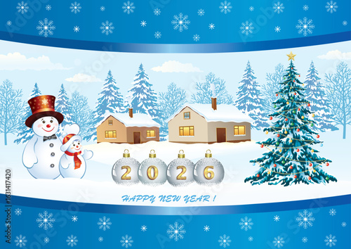 Happy New Year 2026 greeting card with Christmas tree, snowmen and winter landscape decorated with snowflake pattern. Vector illustration for background, banners, posters, social networks and covers.