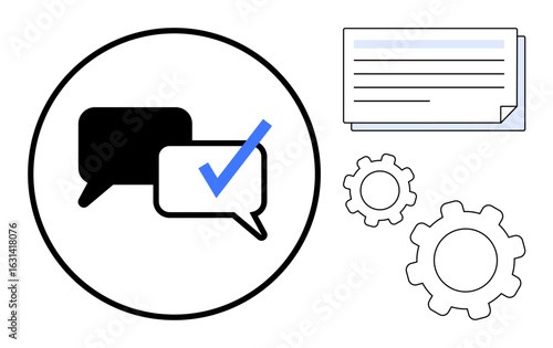Two speech bubbles with a blue checkmark surrounded by document and gear icons. Ideal for communication, collaboration, feedback, workflow, teamwork, process improvement, and simple landing page