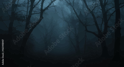 Mystical Forest Path in Dark Blue Hues with Bare Trees and Heavy Fog