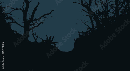 Mysterious and Spooky Forest at Night Illustration with Dark Silhouette of Trees