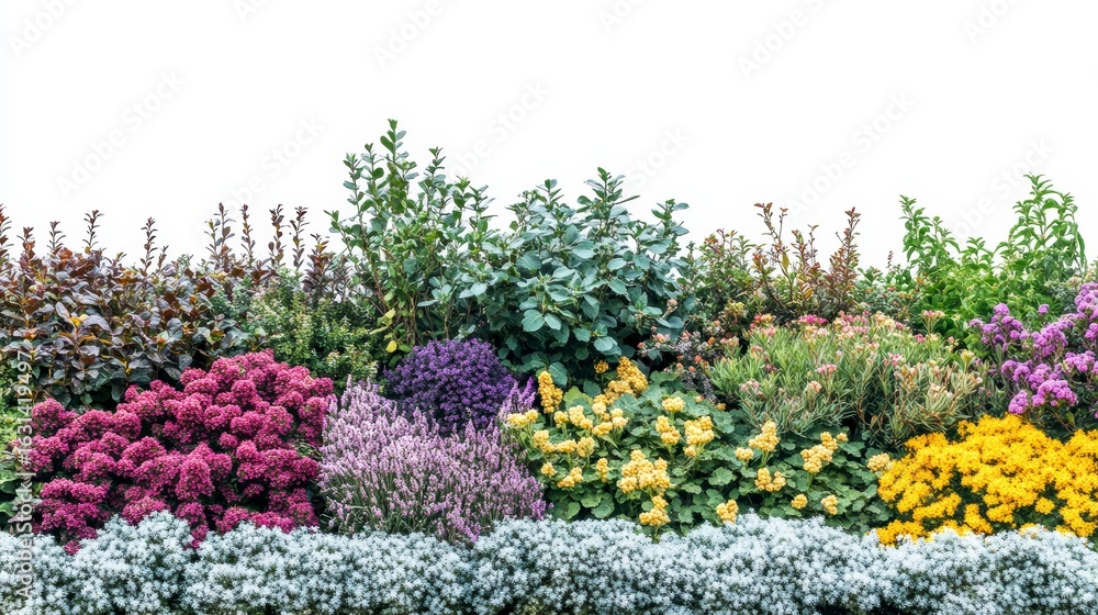 Obraz premium Vibrant colorful flowerbed with various plants and shrubs isolated on white background. (1)