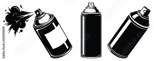 Spray Paint Cans Black and White, Aerosol Cloud Illustration, Graffiti Art Supplies, Monochrome Spray Can Vector, Street Art Tools, Plain Background Design, Isolated Painting Equipment