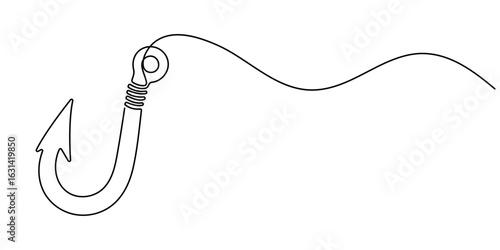 Fishing hook line continuous drawing vector. One line Hook vector background, Continuous outline of a Fishing hook, minimalist pro vector illustration line. 