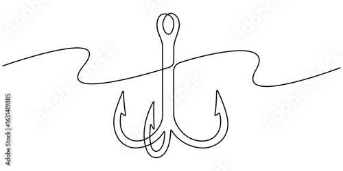 Fishing hook line continuous drawing vector. One line Hook vector background, Continuous outline of a Fishing hook, minimalist pro vector illustration line. 