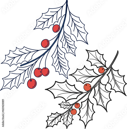 Vector illustration of a Christmas background with holly and a festive tree decorated with green leaves and red berries