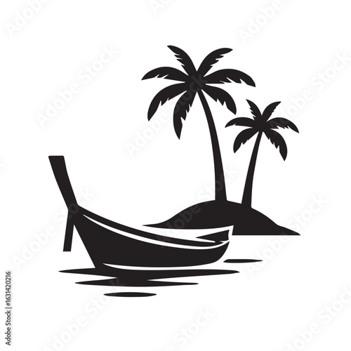 Thai long-tail boat and tropical island with palm trees silhouette. Vector logo illustration for travel and vacation.
