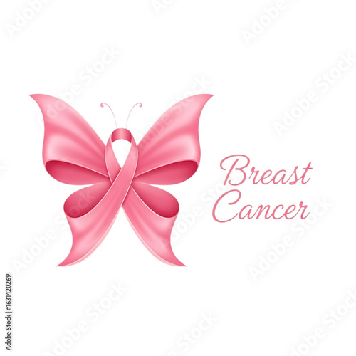Pink breast cancer awareness ribbon shaped like a butterfly isolated on transparent background