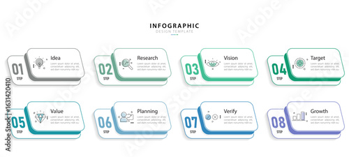 Timeline Creator infographic template. 8 Step timeline journey, calendar Flat simple infographics design template. presentation graph. Business concept with 8 options, gantt vector illustration.