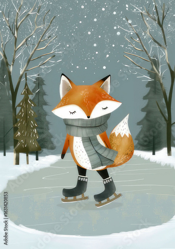 funny fox skating against the backdrop of a winter forest