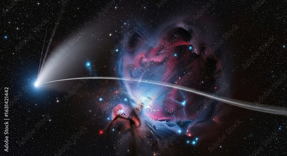 Fototapeta premium A bright comet streaks across a vibrant nebula filled with stars