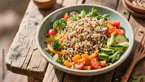 Quinoa Salad with Vegetables and Herbs in a Bowl on a Wooden Table