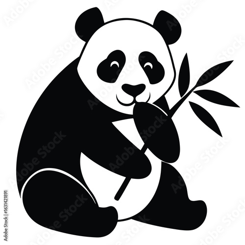 A panda eating bamboo. Illustration of a panda bear seated while eating bamboo leaves and a bamboo stalk in a graphic style, panda eating bamboo silhouette, cute pandas eating bamboo silhouette vector