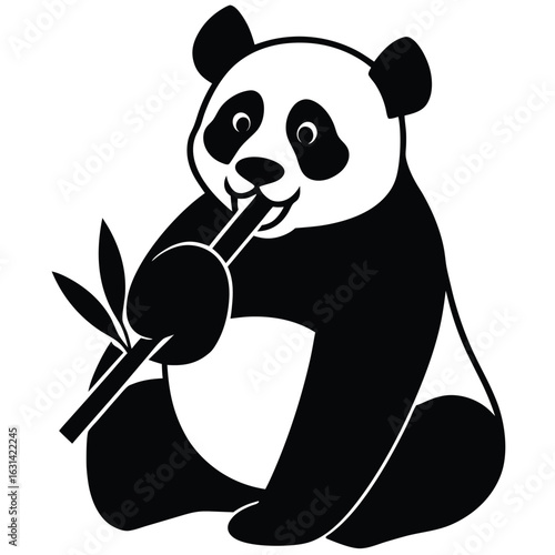 A panda eating bamboo. Illustration of a panda bear seated while eating bamboo leaves and a bamboo stalk in a graphic style, panda eating bamboo silhouette, cute pandas eating bamboo silhouette vector