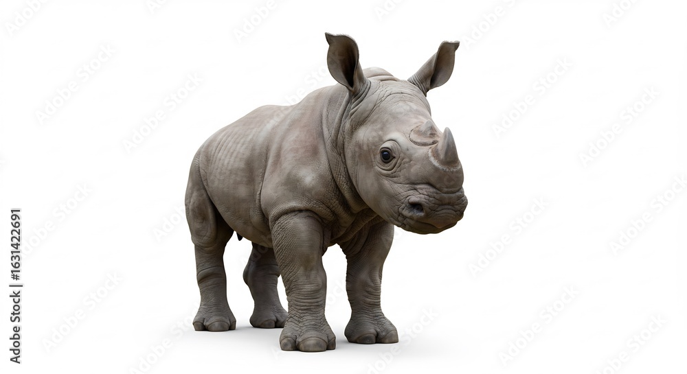 Fototapeta premium Junges Nashorn steht ruhig weiss Hintergrund sanftes Licht. AI Generated