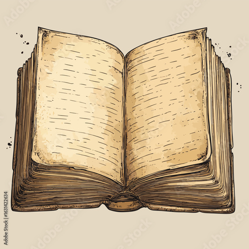 Old open book spread with blank paper pages and bookmark