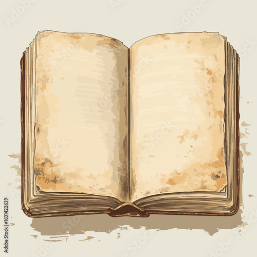 Old open book spread with blank paper pages and bookmark