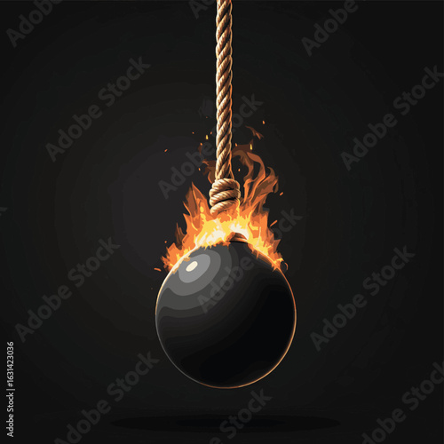 Black bomb with burning rope fuse. Realistic isolated. Vector, vector style simple color