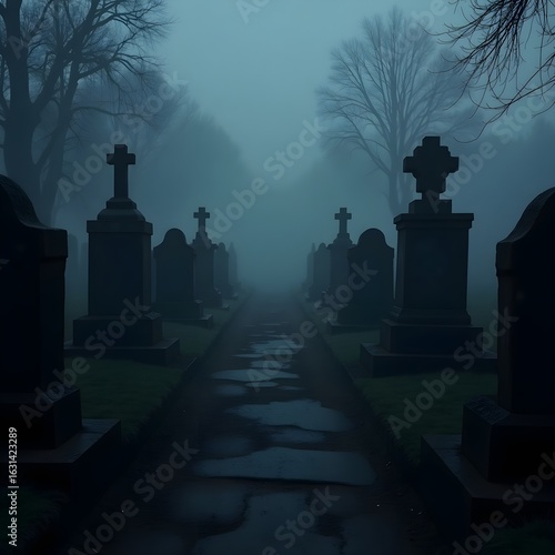Wallpaper Mural Desolate Cemetery Path with Foggy Atmosphere and Old Tombstones Torontodigital.ca