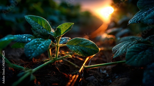 Close-Up of Dew-Covered Soybean Plant Sprouting from Soil at Sunrise perfect for agriculture education, organic farming campaigns, sustainability reports and nature-themed publications