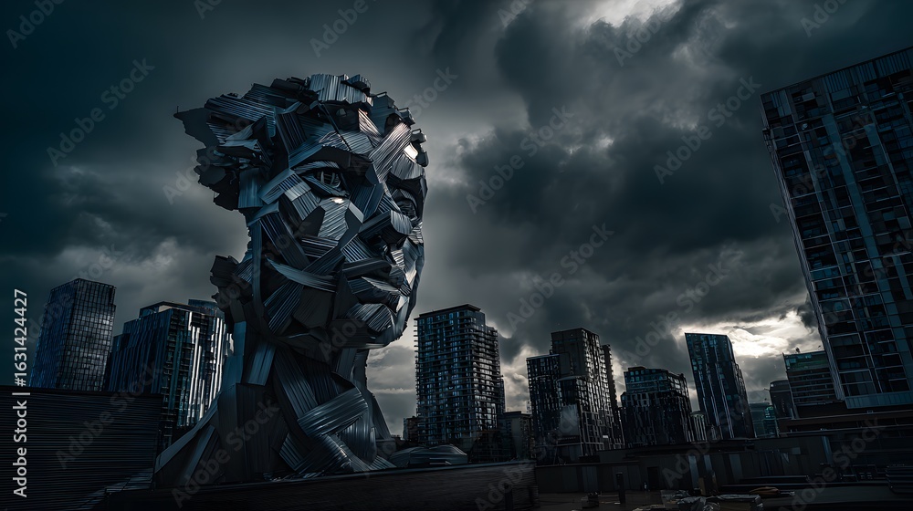 Fototapeta premium Surreal cityscape of a human face emerging from stormy clouds