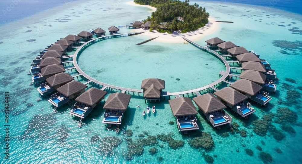 Fototapeta premium Aerial View of Overwater Bungalows in a Tropical Paradise Lagoon
