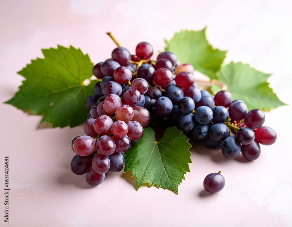 Fototapeta premium Stylized view of grapes with loose green leaves resting on a flat background