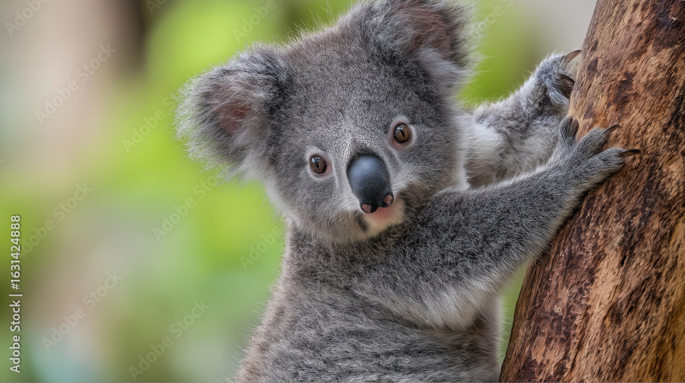 Obraz premium Close-Up of Adorable Baby Koala Clinging to Eucalyptus Tree in Australian Forest